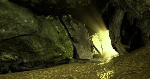 Light filtering through rocks in a serene natural setting near a stream Stock Illustration