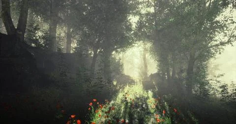 Light filtering through trees over a flower lined pathway in a forest Ilustração Stock