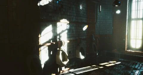 Light filtering through windows in an old restroom with vintage fixtures Stock Illustration