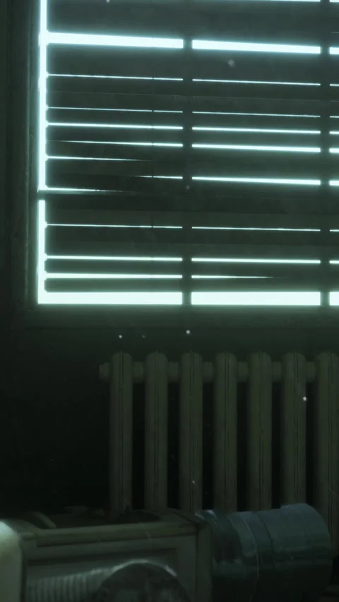 Light filtering through wooden slats of a window in a room during daytime Stock Footage 337997910