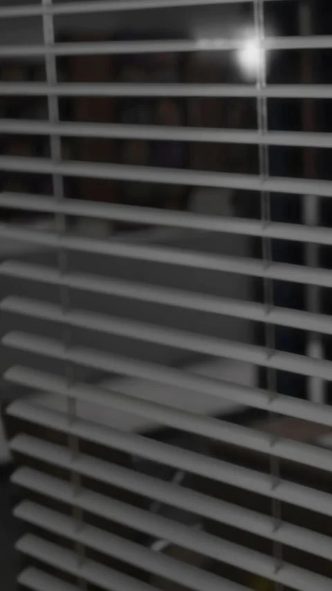 Light filters through blinds in a room with a table and books in the background Stock Footage 336024844