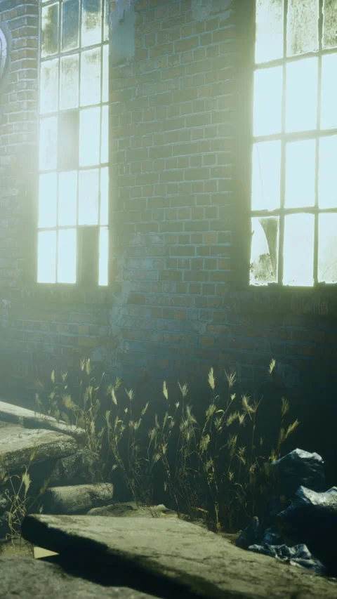 Light filters through old windows in a deserted building during the day Stock Footage 334250779