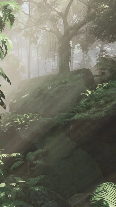 Light filters through trees in a forest with plants and rocks in view Stock Footage 337974238