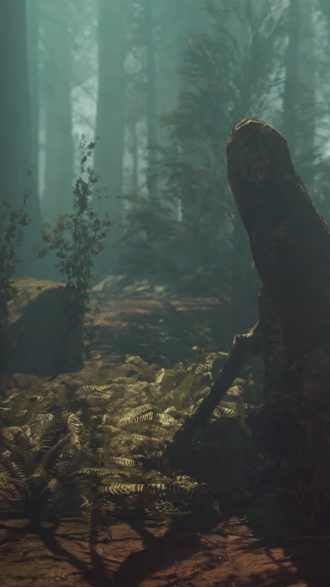 Light filters through trees in a quiet forest scene during early morning hours Stock Footage 340647283
