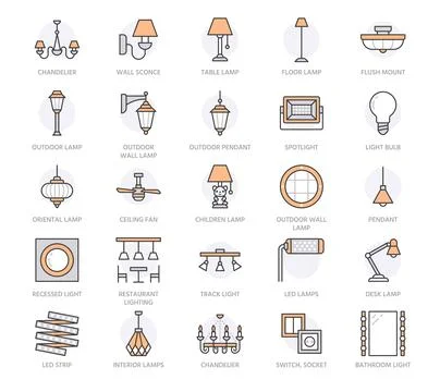 Light fixture, lamp flat line icons. Home, outdoor lighting equipment - Stock Illustration