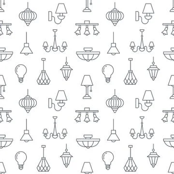 Light fixture, lamps seamless pattern, line illustration. Vector flat icons of Illustrazione stock