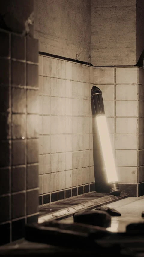 Light fixture leaning against wall in dimly lit room Stock Footage 346676647