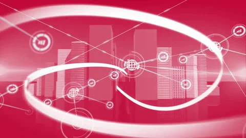 Light flare causing ribbon emerging from center spiraling around city skyline 動画素材 310151078