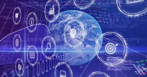 Light flare initiating analytics, scanning rotating 3D globe with pulsing icons Stock Footage 317118602
