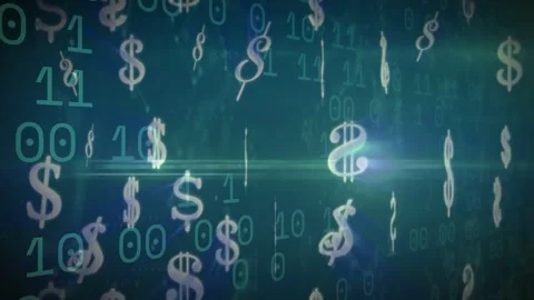 Light flare pulsing starting $ signs drifting, rotating and scaling over binary Stock Footage 335651995