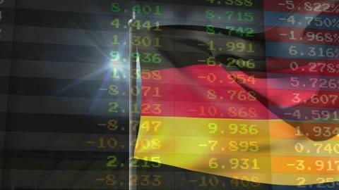 Light flare sparking German flag waving while tickers shifting colors, showing Stock Footage 329505544