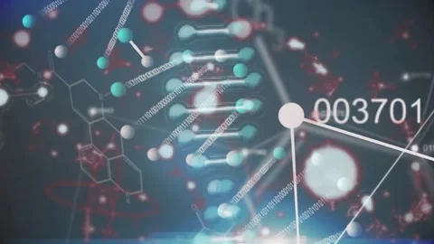 Light flare starting pan, DNA helix rotating, spheres drifting, binary code Stock Footage 328584042