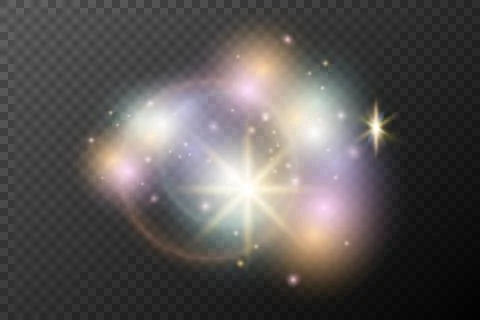 Light flash effect with flares and glow on a transparent background. Magical Illustrazione stock