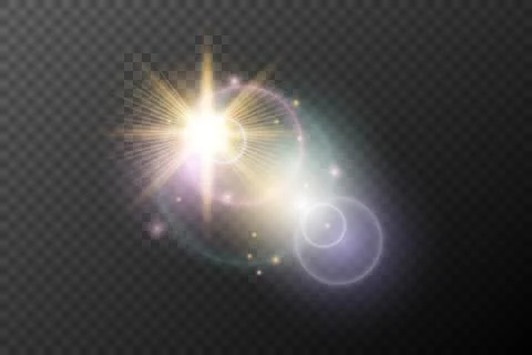 Light flash effect with flares and glow on a transparent background. Magical Illustrazione stock