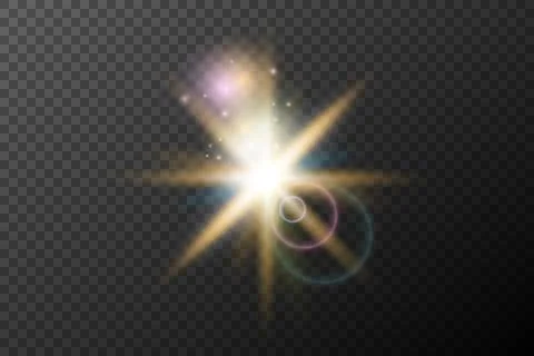 Light flash effect with flares and glow on a transparent background. Magical Illustrazione stock