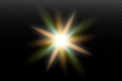 Light flash effect with flares and glow on a transparent background. Magical  Illustrazione stock