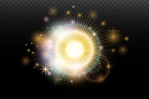 Light flash effect with flares and glow on a transparent background. Magical  Stock Illustration