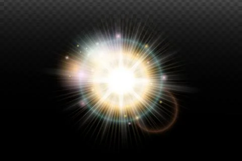 Light flash effect with flares and glow on a transparent background. Magical  Stock Illustration