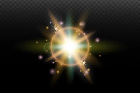 Light flash effect with flares and glow on a transparent background. Magical  스톡 일러스트
