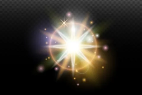 Light flash effect with flares and glow on a transparent background. Magical  스톡 일러스트