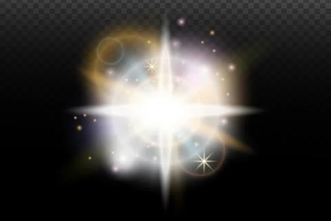 Light flash effect with flares and glow on a transparent background. Magical  Illustrazione stock
