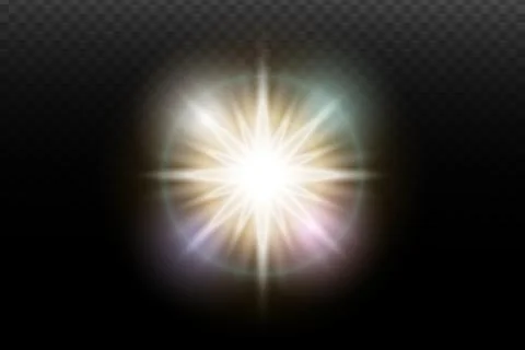 Light flash effect with flares and glow on a transparent background. Magical  Illustrazione stock