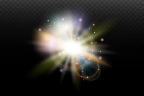 Light flash effect with flares and glow on a transparent background. Magical  Illustrazione stock