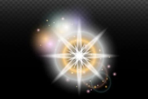Light flash effect with flares and glow on a transparent background. Magical  스톡 일러스트