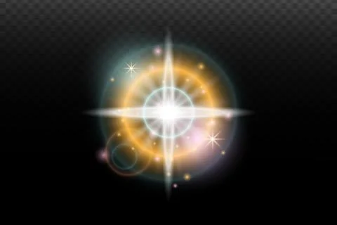 Light flash effect with flares and glow on a transparent background. Magical  스톡 일러스트