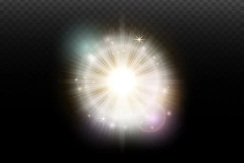Light flash effect with flares and glow on a transparent background. Magical  Illustrazione stock