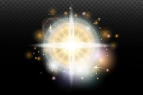 Light flash effect with flares and glow on a transparent background. Magical  Stock Illustration