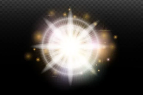 Light flash effect with flares and glow on a transparent background. Magical  Illustrazione stock