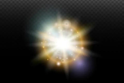 Light flash effect with flares and glow on a transparent background. Magical  Illustrazione stock