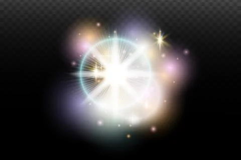 Light flash effect with flares and glow on a transparent background. Magical  Illustrazione stock