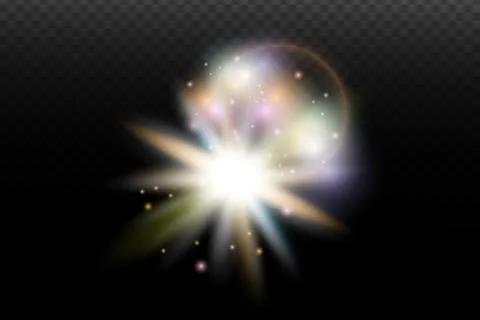 Light flash effect with flares and glow on a transparent background. Magical  Illustrazione stock