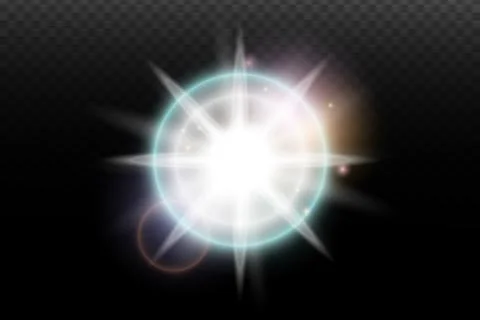 Light flash effect with flares and glow on a transparent background. Magical  Stock Illustration