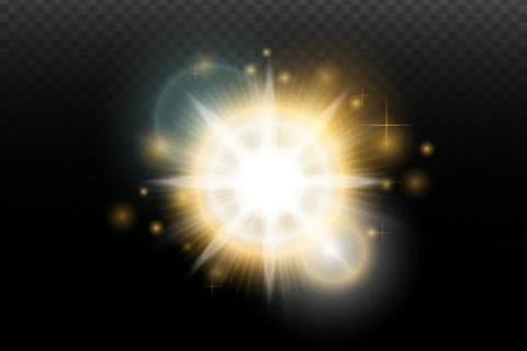 Light flash effect with flares and glow on a transparent background. Magical  Illustrazione stock