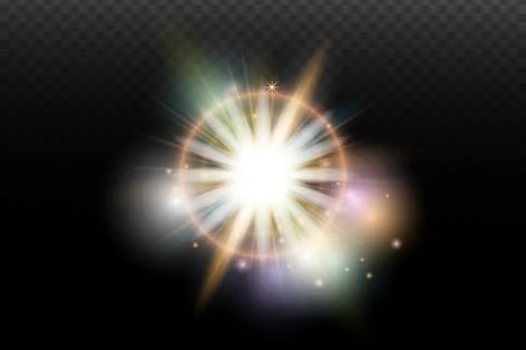 Light flash effect with flares and glow on a transparent background. Magical  Stock Illustration