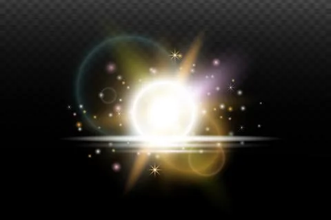 Light flash effect with flares and glow on a transparent background. Magical  Illustrazione stock