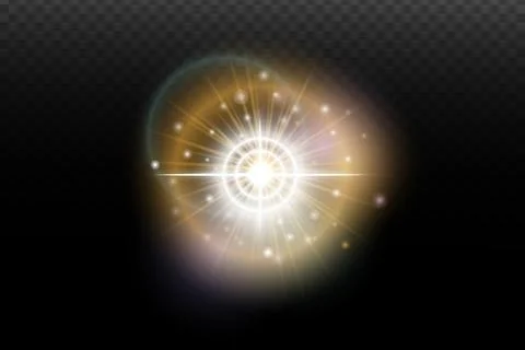Light flash effect with flares and glow on a transparent background. Magical  Illustrazione stock