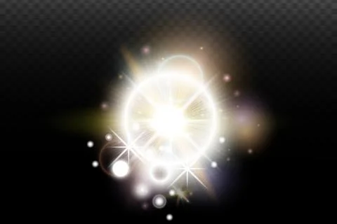 Light flash effect with flares and glow on a transparent background. Magical  Stock Illustration