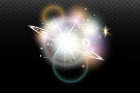 Light flash effect with flares and glow on a transparent background. Magical  Stock Illustration