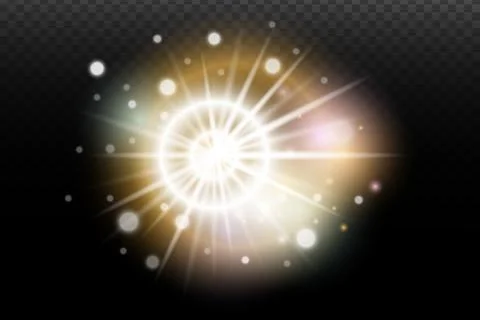 Light flash effect with flares and glow on a transparent background. Magical  Illustrazione stock