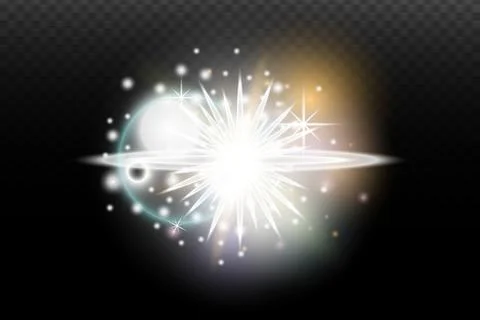Light flash effect with flares and glow on a transparent background. Magical  Stock Illustration