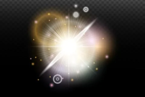 Light flash effect with flares and glow on a transparent background. Magical  Stock Illustration