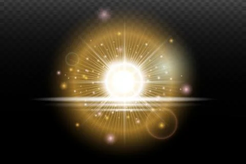 Light flash effect with flares and glow on a transparent background. Magical  Stock Illustration