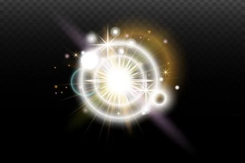 Light flash effect with flares and glow on a transparent background. Magical  Illustrazione stock