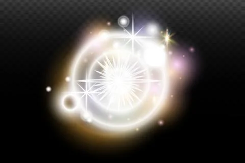 Light flash effect with flares and glow on a transparent background. Magical  Stock Illustration