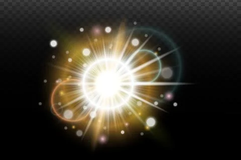Light flash effect with flares and glow on a transparent background. Magical  Illustrazione stock