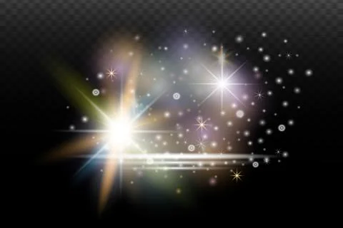 Light flash effect with flares and glow on a transparent background. Magical  Stock Illustration